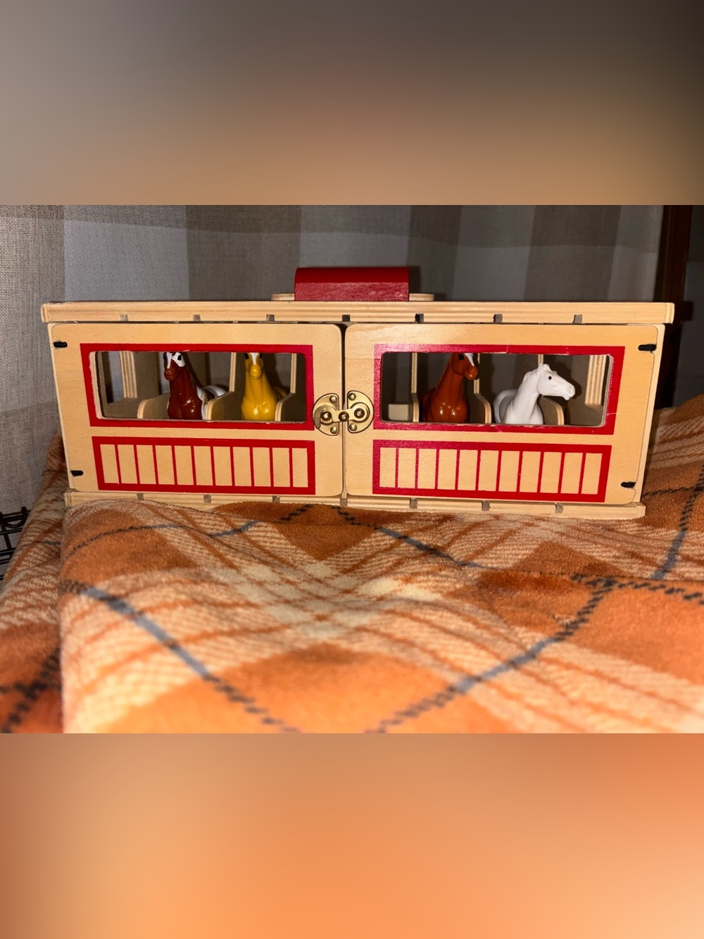 Melissa & Doug Wooden Toy Horse Stable Playset - Red and Natural